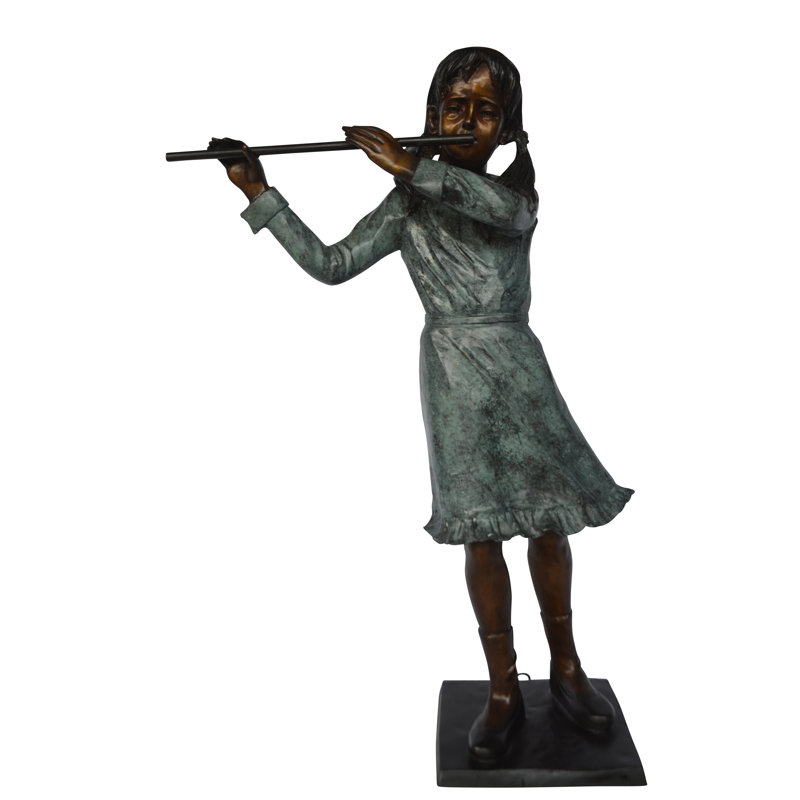 NIFAO Girl Playing Flute Large Bronze Statue